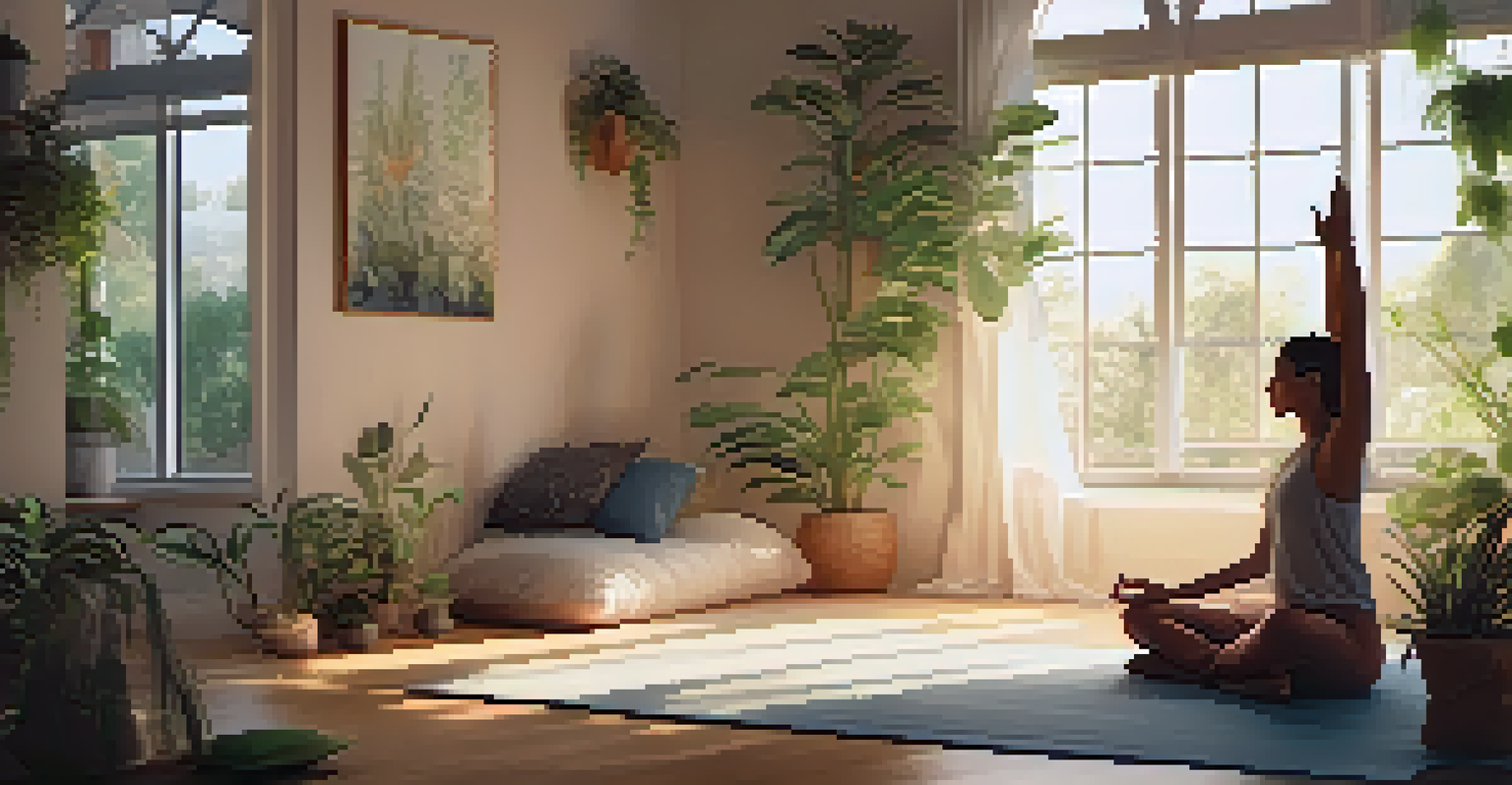 A person practicing yoga in a serene indoor setting, surrounded by plants and soft lighting.