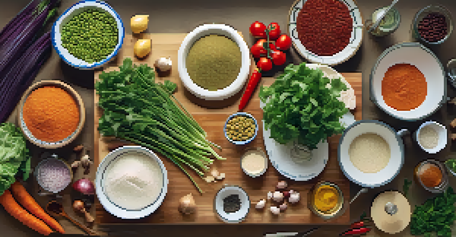 An overhead view of a kitchen counter with fresh ingredients for a plant-based recipe, including chopped vegetables and legumes.