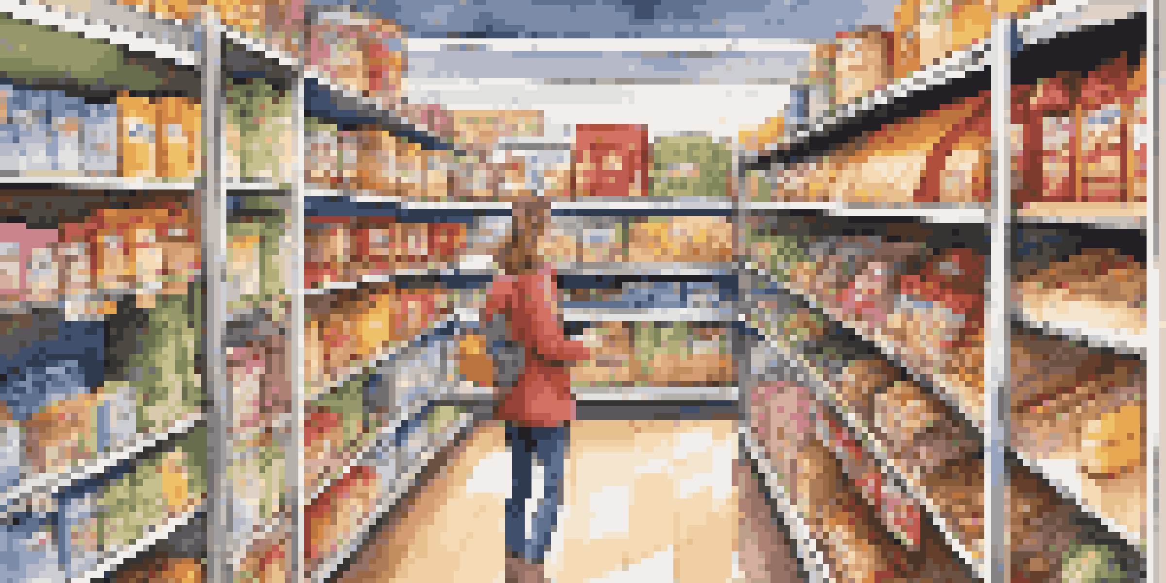 A shopper in a grocery store carefully reading a food label on a cereal box, surrounded by colorful food products in well-lit aisles.