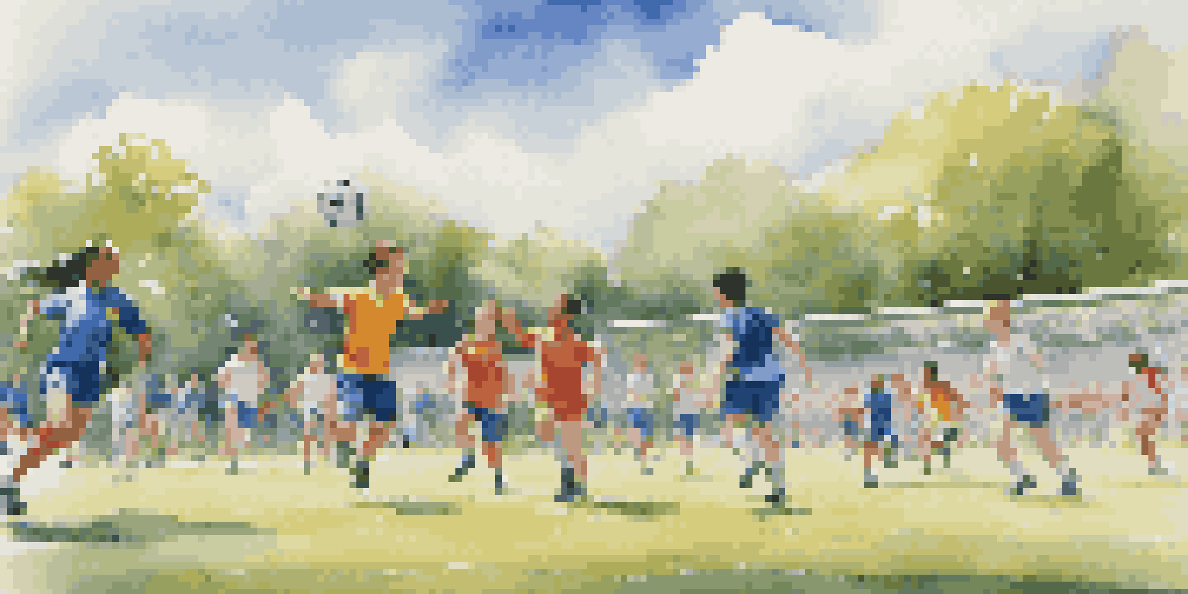 A diverse group of young athletes playing soccer on a sunny day, with a green field and cheering spectators.
