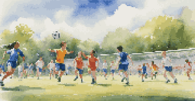 A diverse group of young athletes playing soccer on a sunny day, with a green field and cheering spectators.