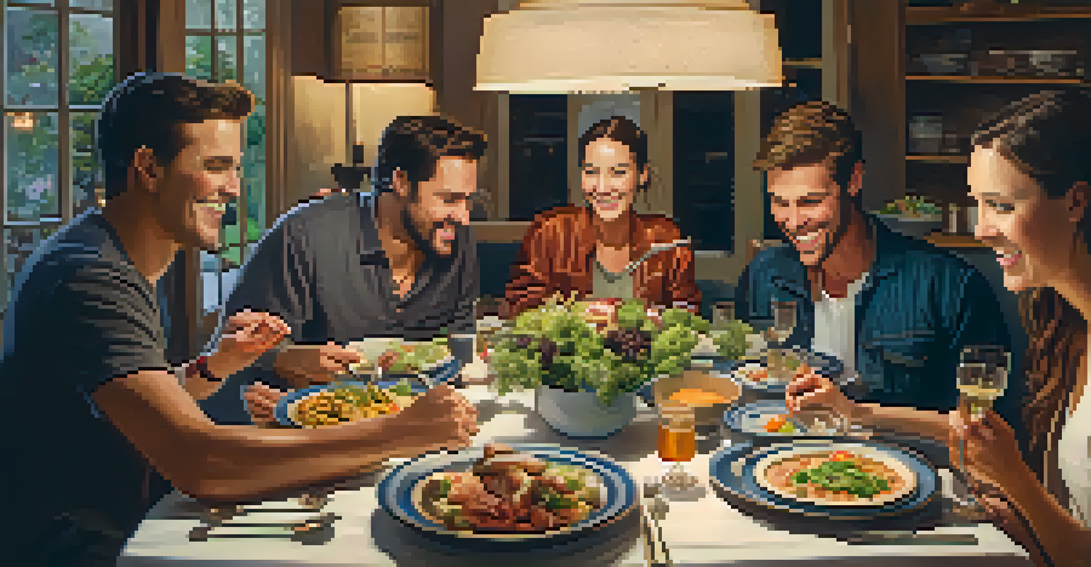 Friends enjoying a meal together at a round table, filled with various dishes, in a warm, cozy setting.