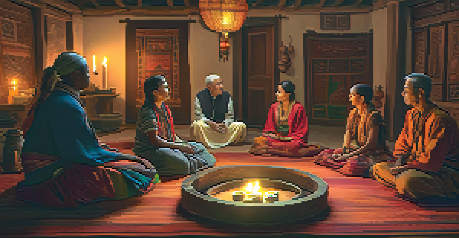 A diverse group of people sitting in a circle, listening to an elderly storyteller in a warmly lit room filled with cultural artifacts.