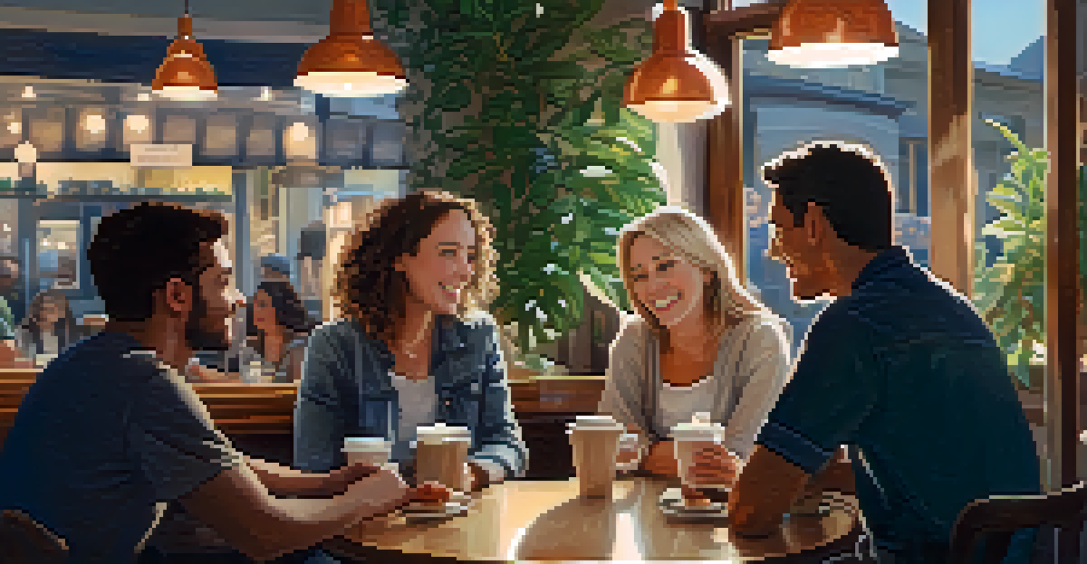 Inside a cozy café, a small group of people engaged in a warm conversation, surrounded by plants and soft lighting, conveying a sense of support.