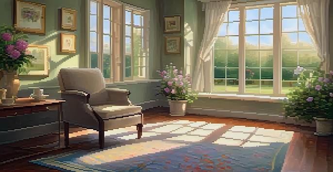 A cozy therapy room with soft lighting, a comfortable chair, and a view of a blooming garden.