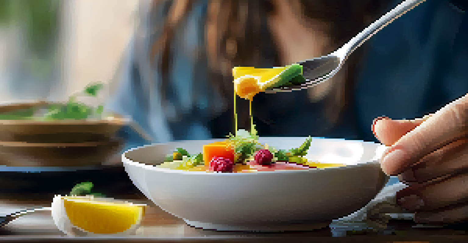 A close-up of a person slowly enjoying a colorful and textured dish, emphasizing the act of mindful eating.