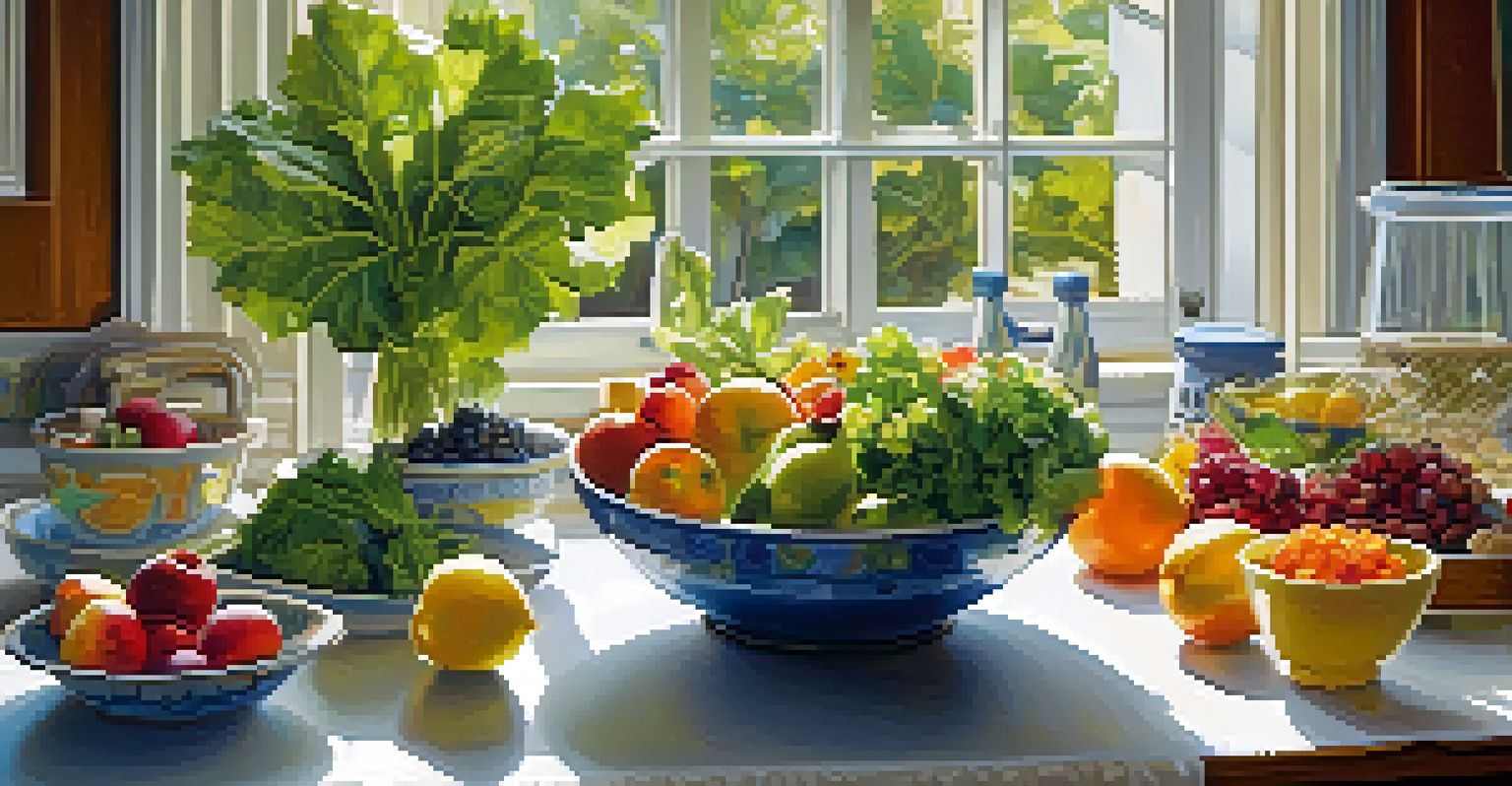 A wooden kitchen table filled with colorful fruits, leafy greens, nuts, and a bowl of water in a sunlit kitchen.