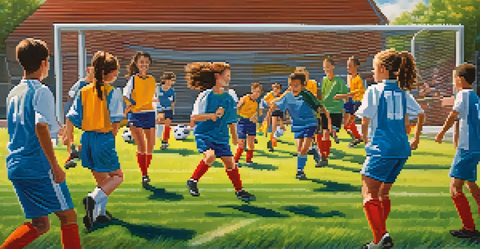 Young athletes practicing soccer on a sunny day, showcasing action and teamwork on a green field.