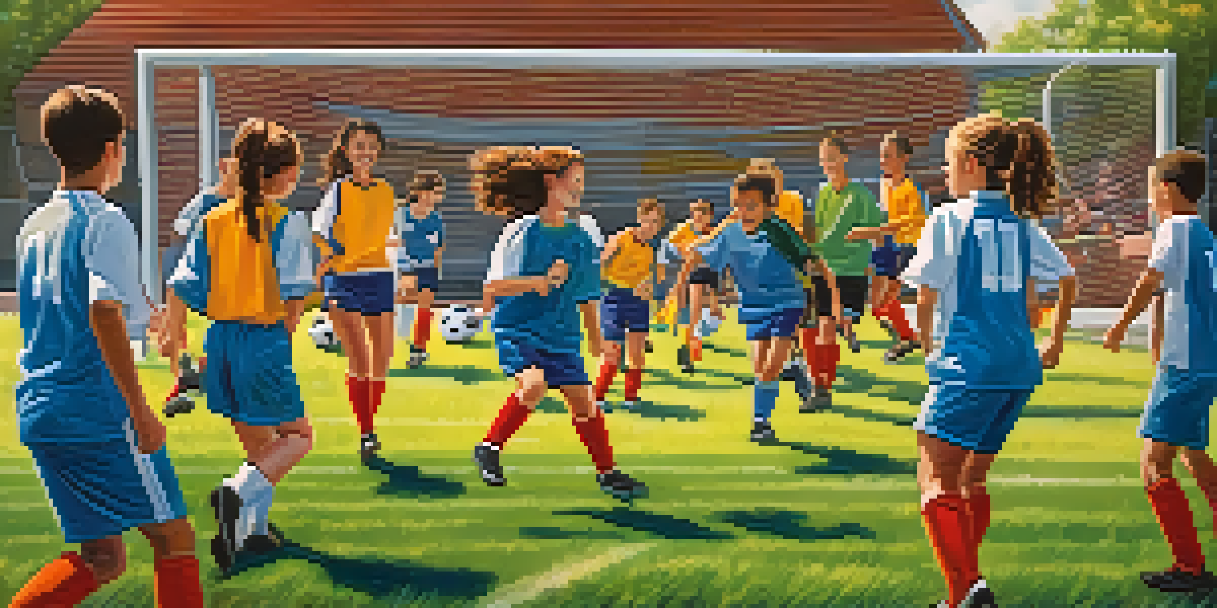 Young athletes practicing soccer on a sunny day, showcasing action and teamwork on a green field.