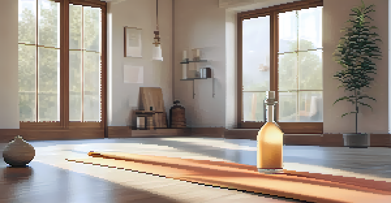 A peaceful yoga space with a mat, essential oil drops, and soft sunlight creating a calming atmosphere.