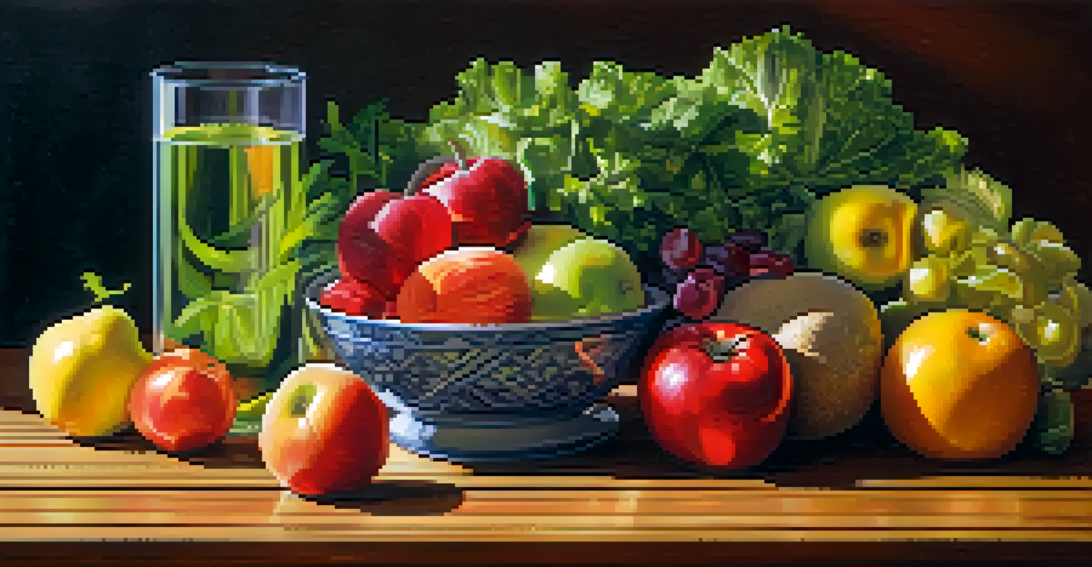 Fresh fruits and vegetables arranged on a table with a glass of water, representing a healthy diet.