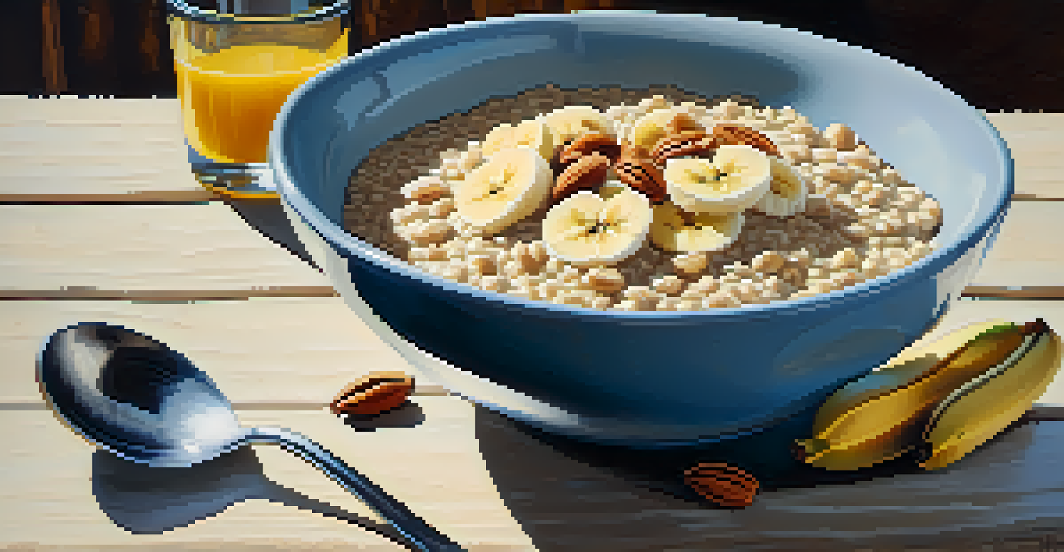 A bowl of oatmeal topped with banana slices and nuts, shown in a close-up on a rustic wooden table, illuminated by soft morning light.