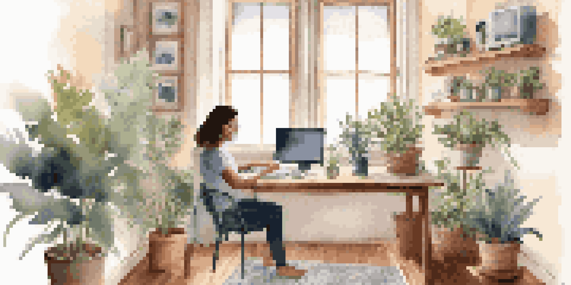 A person in a cozy home office participating in a telemedicine consultation on a laptop, surrounded by plants and warm lighting.
