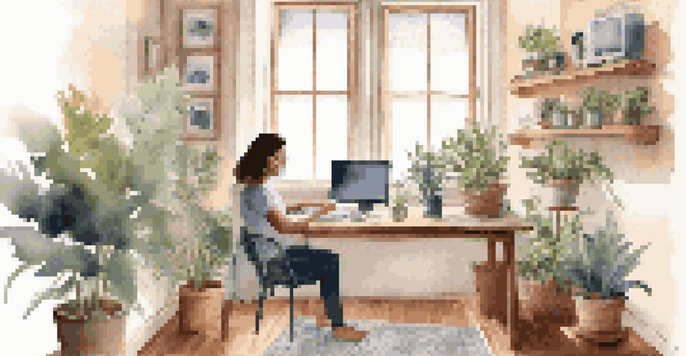 A person in a cozy home office participating in a telemedicine consultation on a laptop, surrounded by plants and warm lighting.