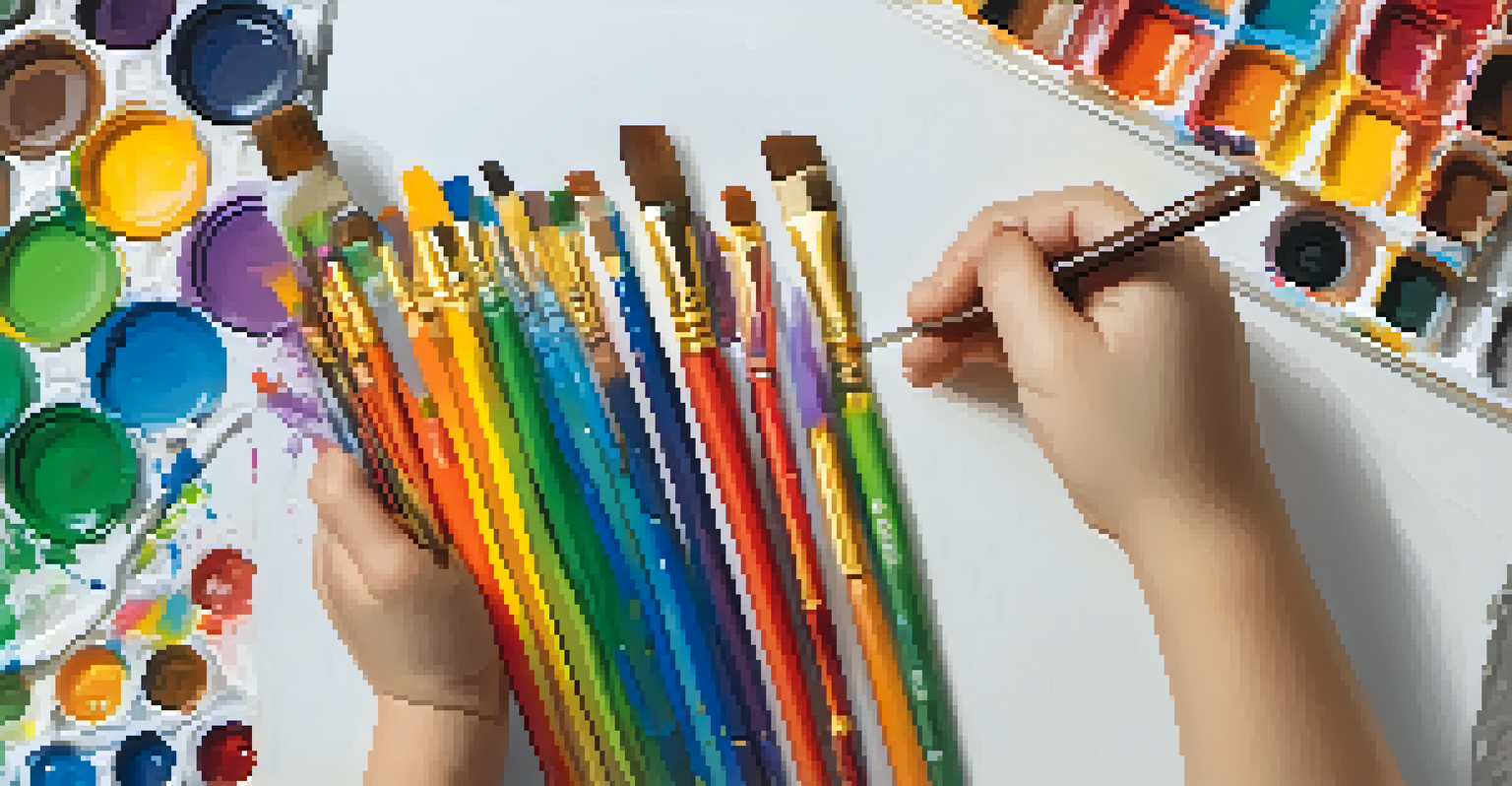 A child's hands painting on a canvas, showcasing vibrant colors with art supplies in the background.