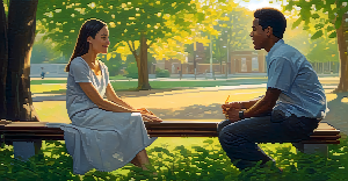 Two friends sitting on a wooden bench, engaged in a mindful conversation in a serene outdoor setting bathed in warm sunlight.