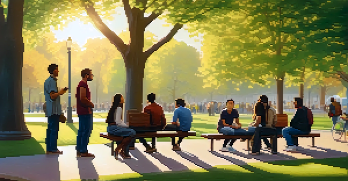 A peaceful park during sunset with people engaged in conversation, surrounded by green trees and warm sunlight.
