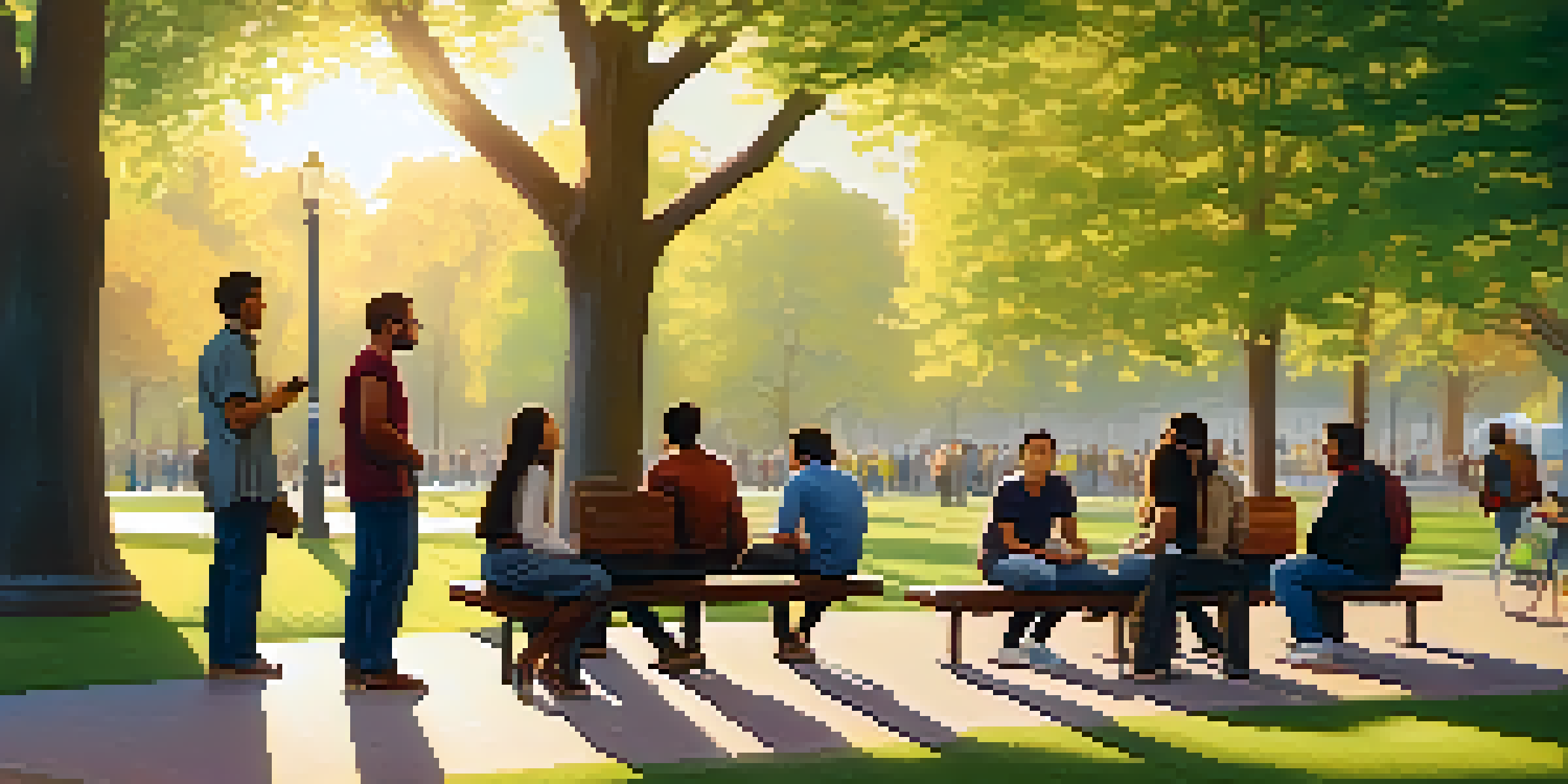 A peaceful park during sunset with people engaged in conversation, surrounded by green trees and warm sunlight.