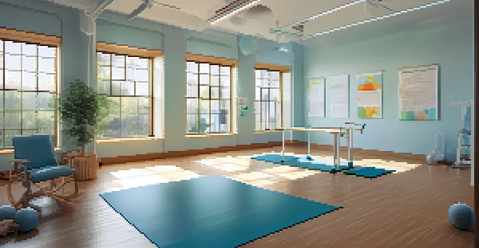 A bright physical therapy clinic with a patient stretching on a mat, surrounded by therapy equipment and natural sunlight.