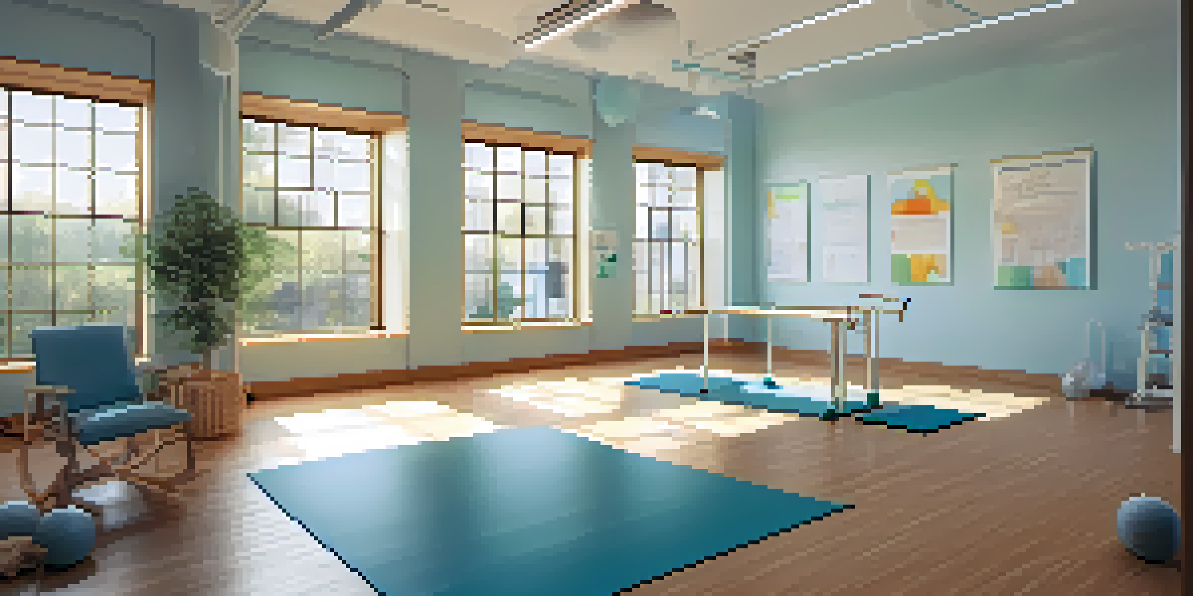A bright physical therapy clinic with a patient stretching on a mat, surrounded by therapy equipment and natural sunlight.
