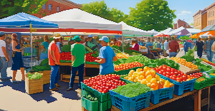 A lively farmer's market displaying an array of fresh fruits and vegetables, with people shopping and vibrant stalls under sunlight.