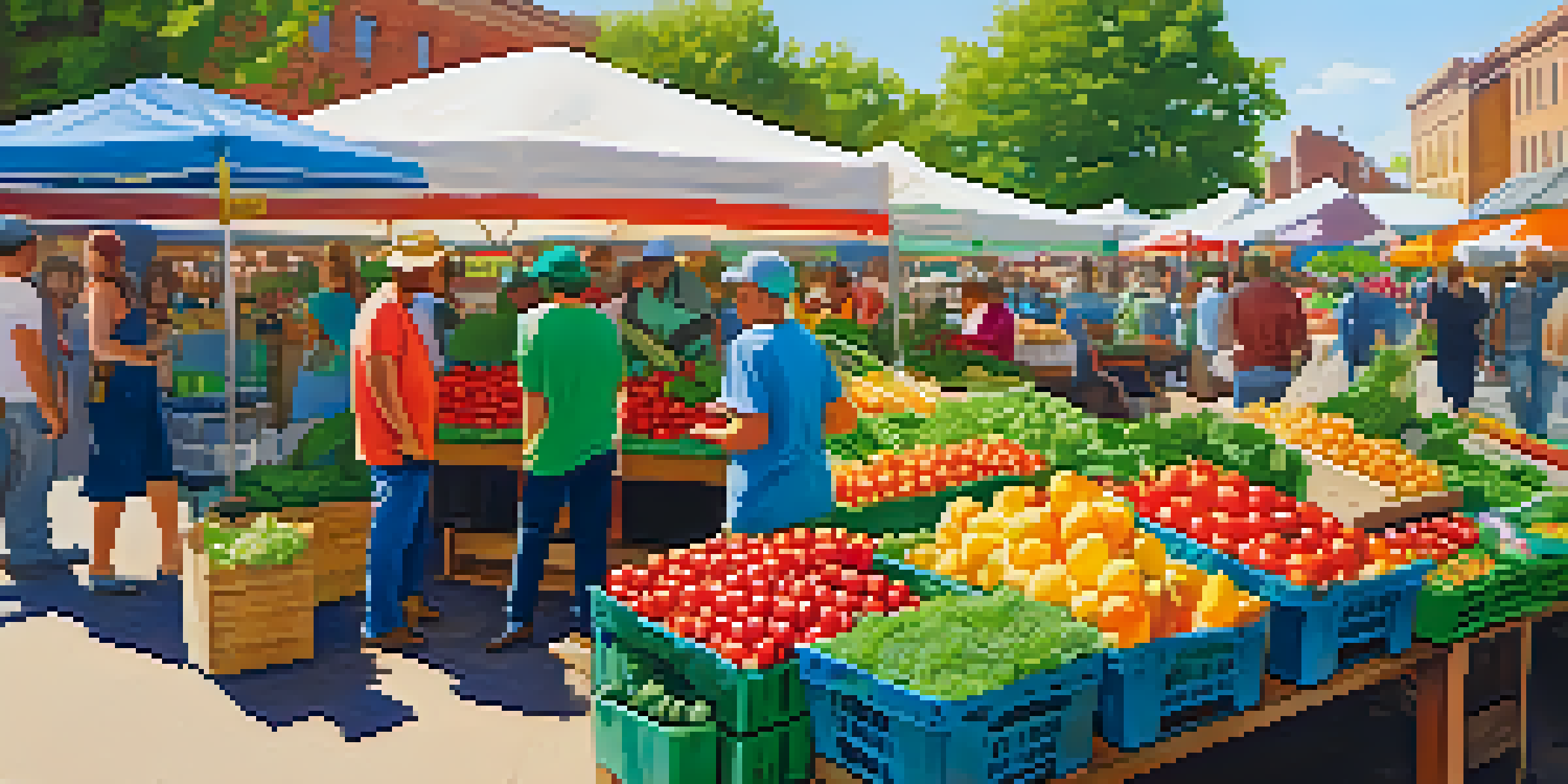 A lively farmer's market displaying an array of fresh fruits and vegetables, with people shopping and vibrant stalls under sunlight.