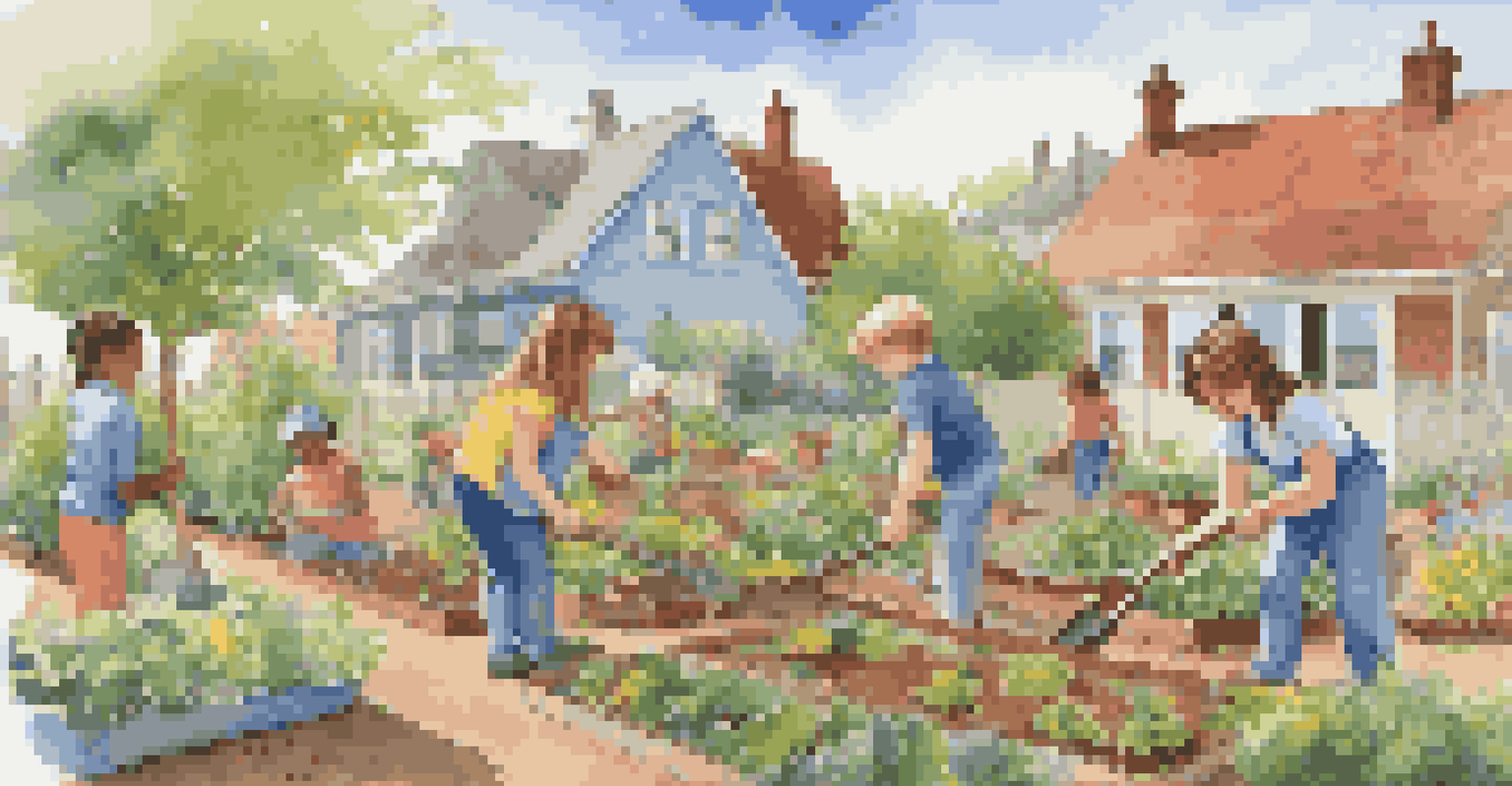 Children planting vegetables in a vibrant neighborhood garden, surrounded by flowers and under a clear blue sky.