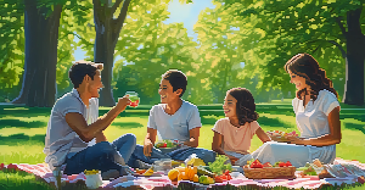 A family having a picnic in a green park, surrounded by nature, enjoying healthy food and laughter.