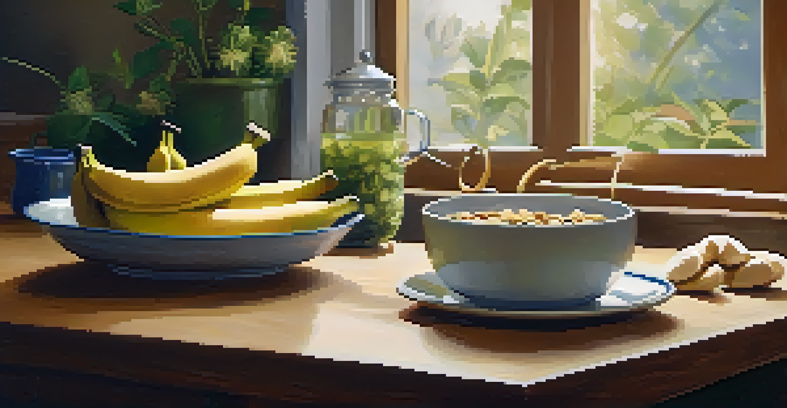 A kitchen table with healthy snacks like bananas and almonds, promoting good sleep.