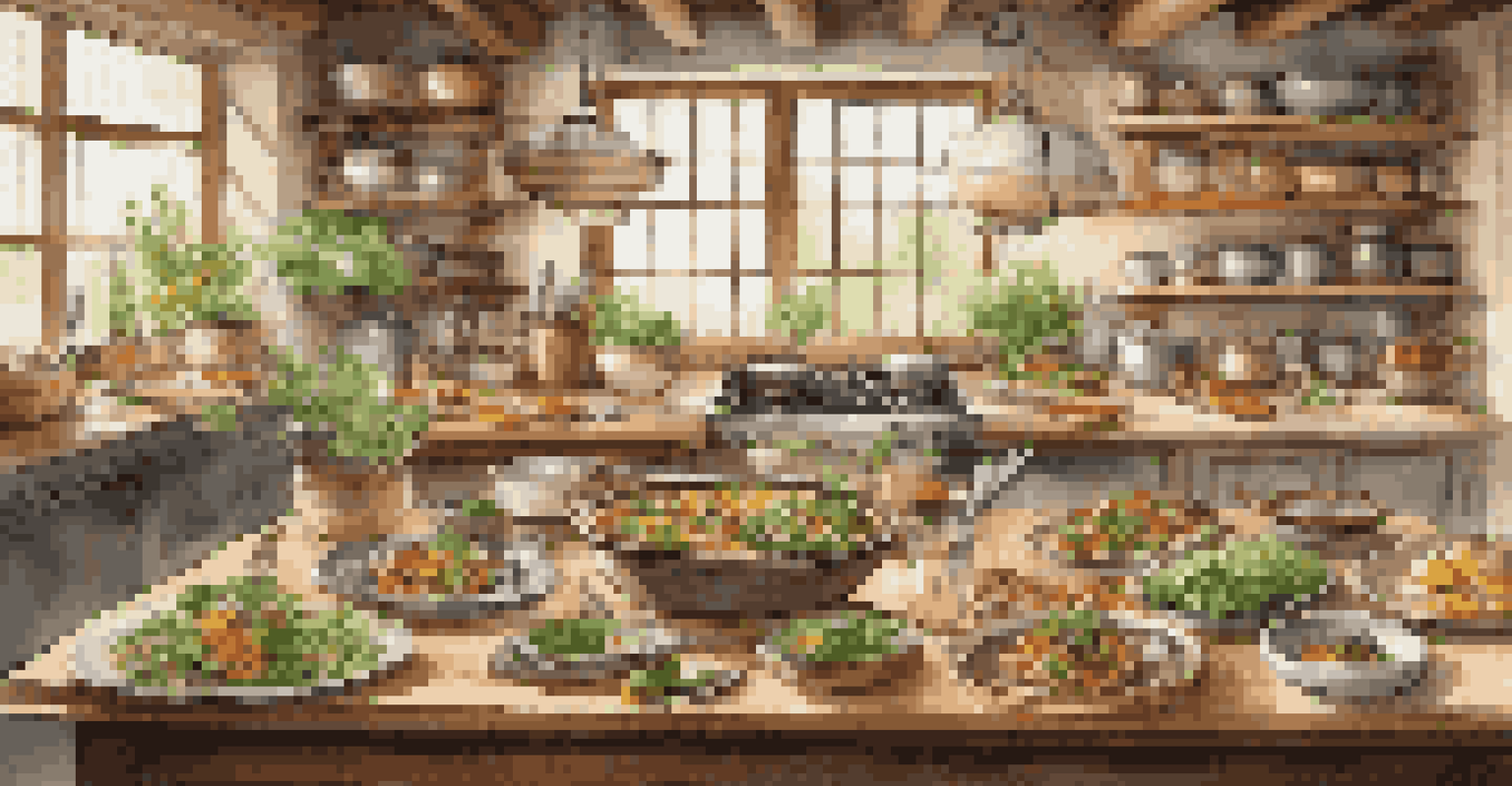 A beautifully arranged table with colorful healthy dishes from a cooking class, featuring salads, proteins, and grains in a warm kitchen setting.