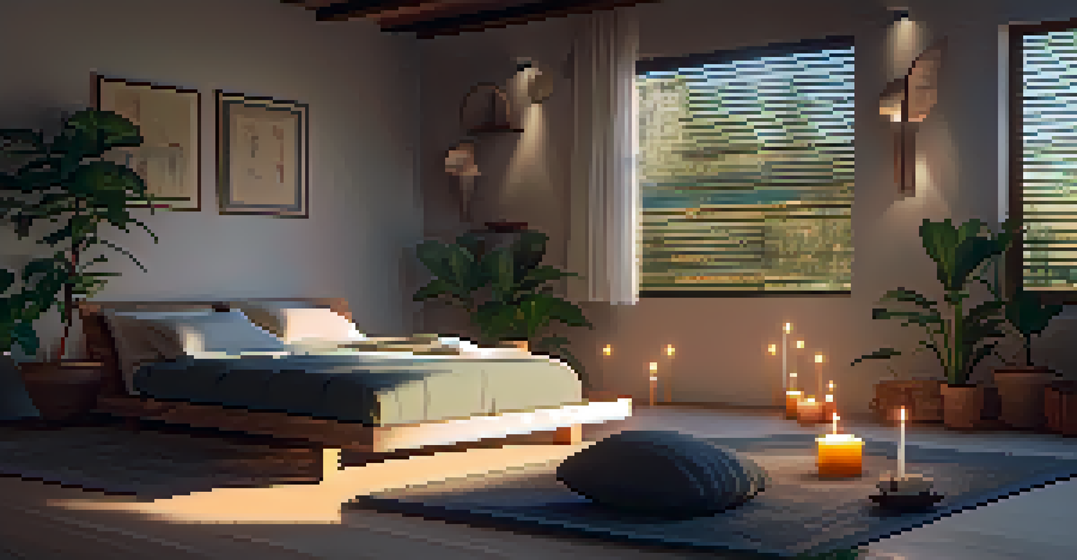 A tranquil room set up for Yin yoga, with a person holding a deep stretch surrounded by cozy props and soft lighting.