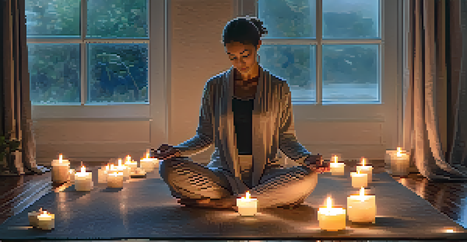 A person meditating on a mat surrounded by candles and essential oils in a peaceful setting.