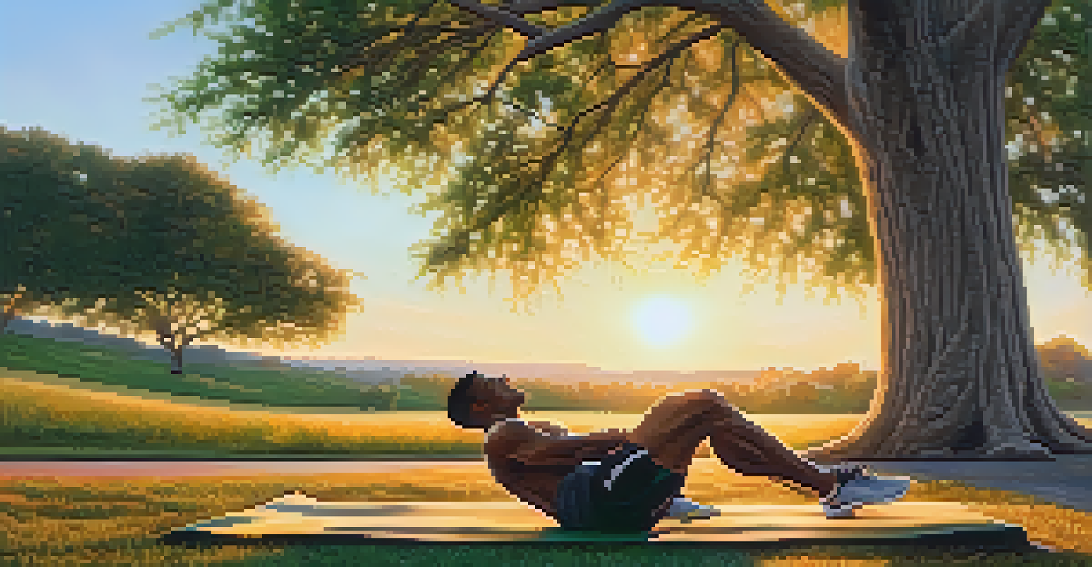 A male athlete stretching dynamically in a grassy field during sunset before a run.