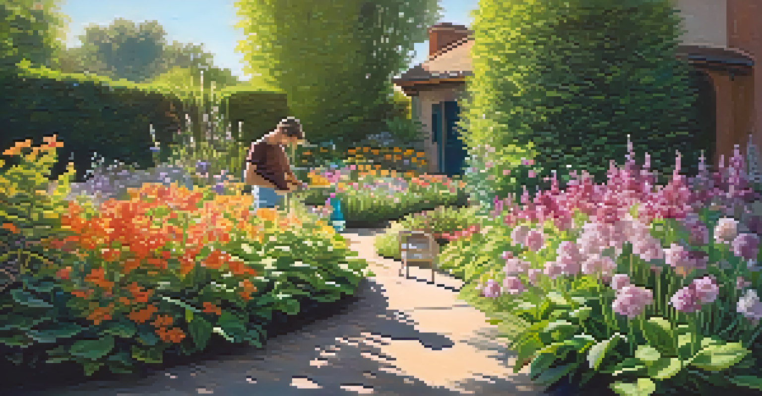 An artist painting in a colorful garden filled with flowers and greenery.