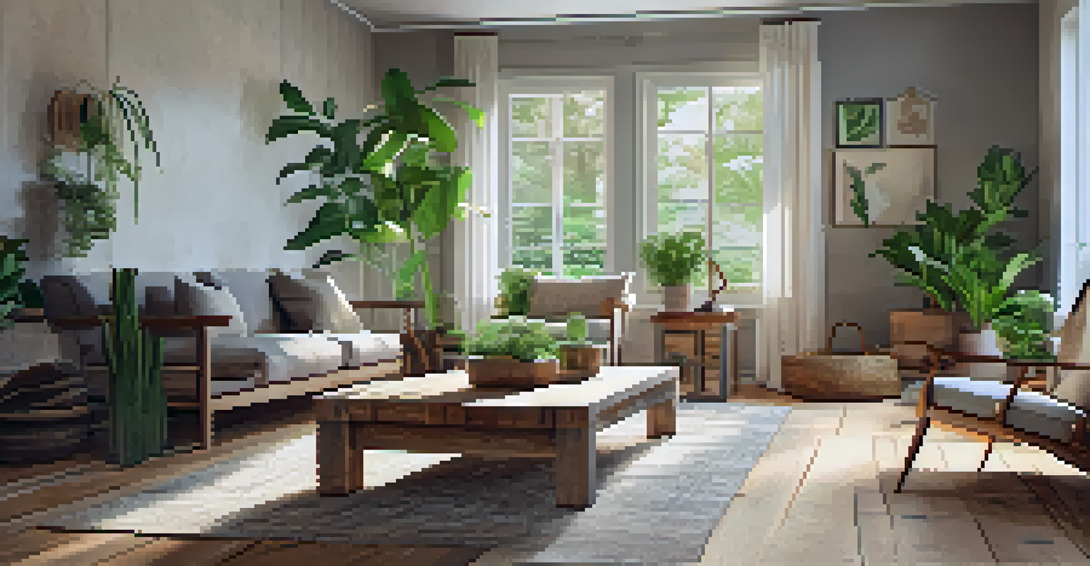 A cozy living room with reclaimed wood furniture and a natural fiber rug, filled with houseplants and warm lighting.