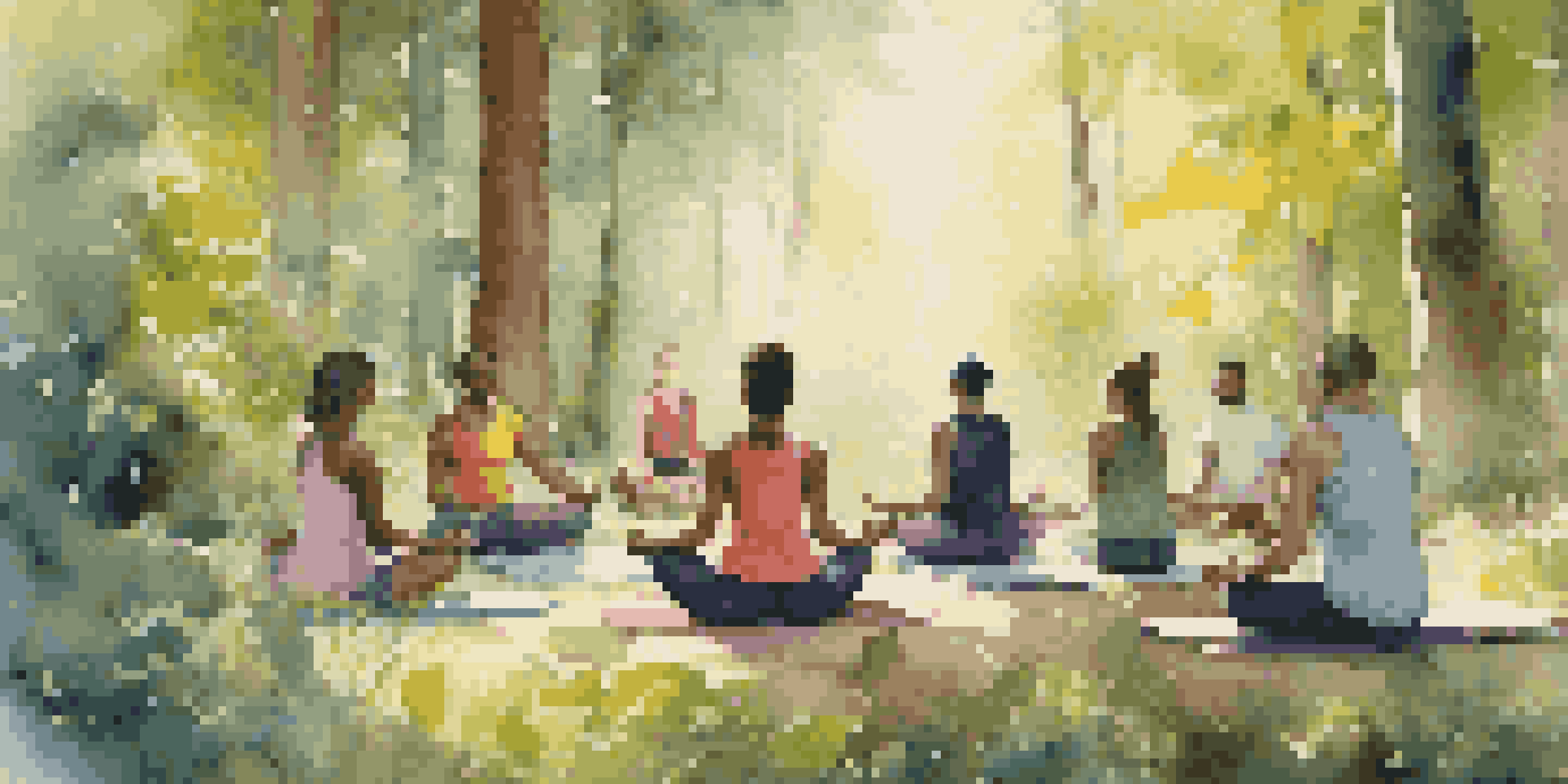 A group of diverse individuals meditating on yoga mats in a peaceful forest, surrounded by greenery and flowers.