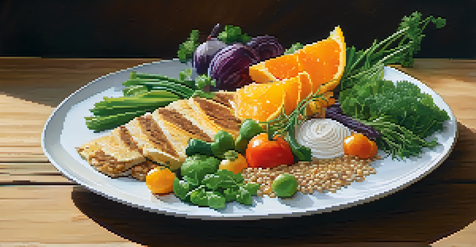 A colorful plate of balanced food, including whole grains, lean protein, and fresh vegetables, elegantly garnished and set on a rustic wooden table.