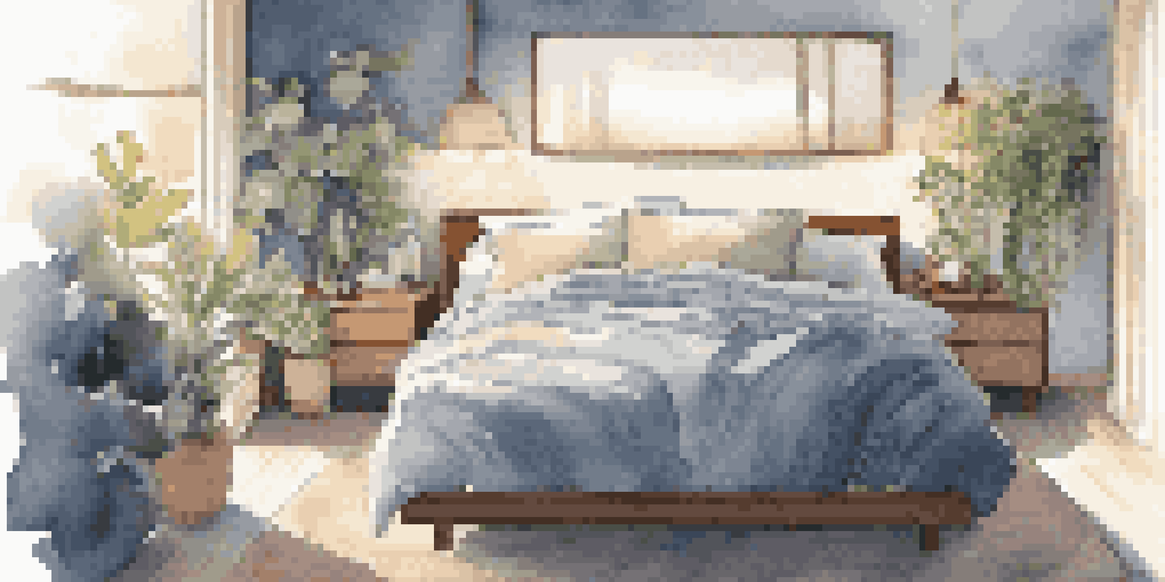 A peaceful bedroom with a neatly made bed, soft pillows, and warm ambient lighting, featuring blackout curtains and a small bedside table with a plant.