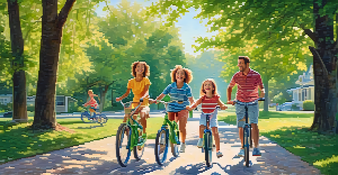 A happy family riding bicycles together outdoors on a sunny day, surrounded by greenery.
