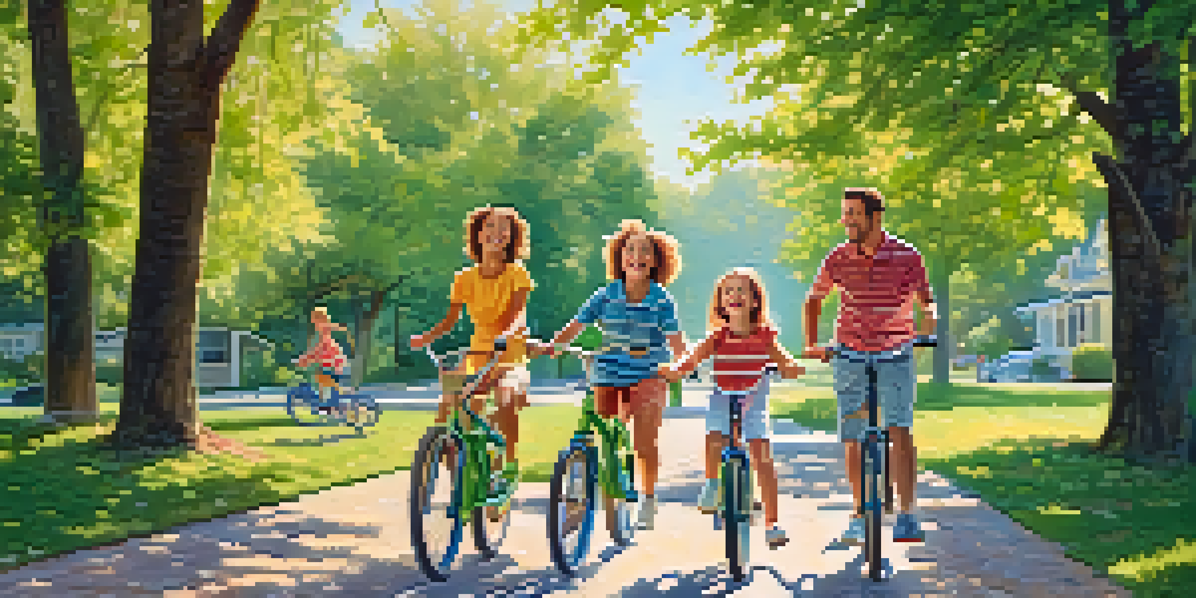 A happy family riding bicycles together outdoors on a sunny day, surrounded by greenery.