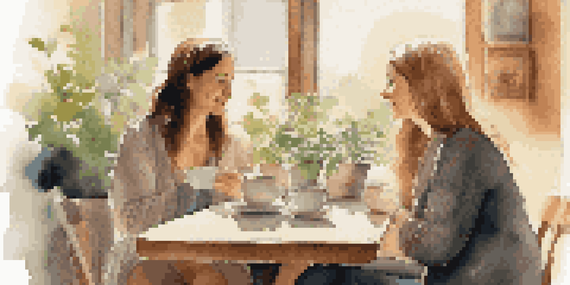 Two women engaged in a heartfelt conversation in a cozy cafe, surrounded by plants and warm lighting.