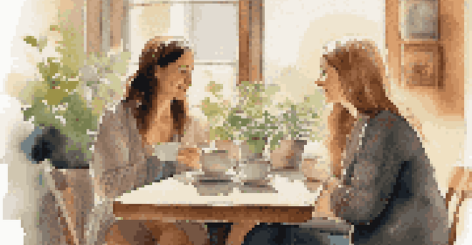 Two women engaged in a heartfelt conversation in a cozy cafe, surrounded by plants and warm lighting.