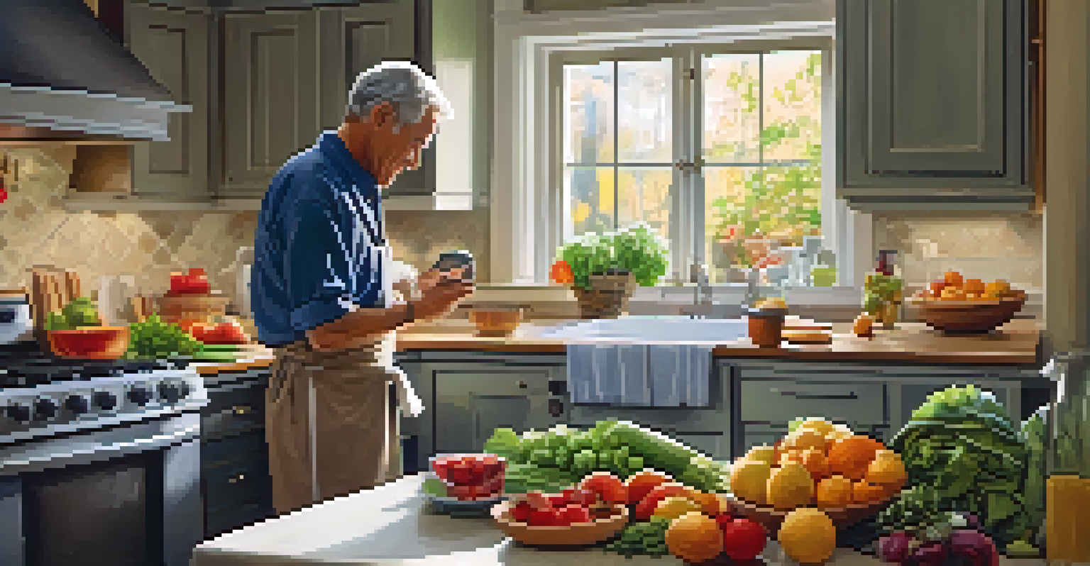 A senior man preparing healthy vegetables in a kitchen, with fresh fruits on the counter, highlighting a nutritious lifestyle.