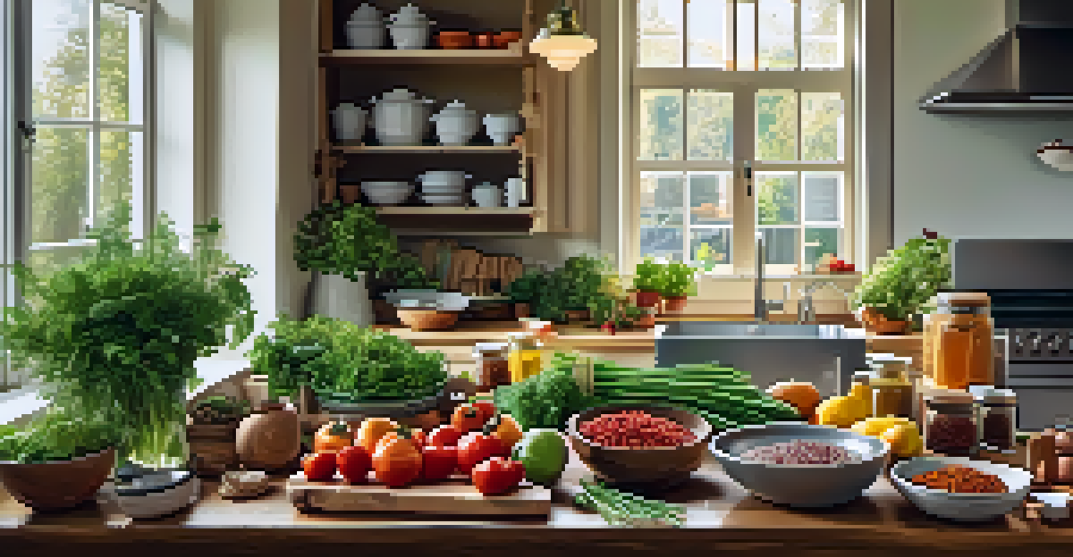 A wooden table in a kitchen filled with fresh ingredients for a healthy meal, illuminated by sunlight.