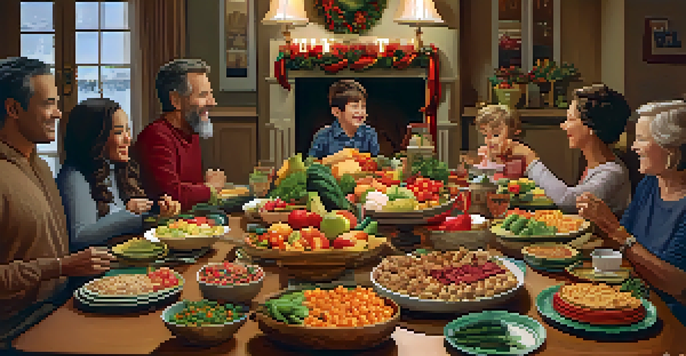 A family gathered around a dining table filled with healthy holiday snacks and meals, in a warm and festive setting.