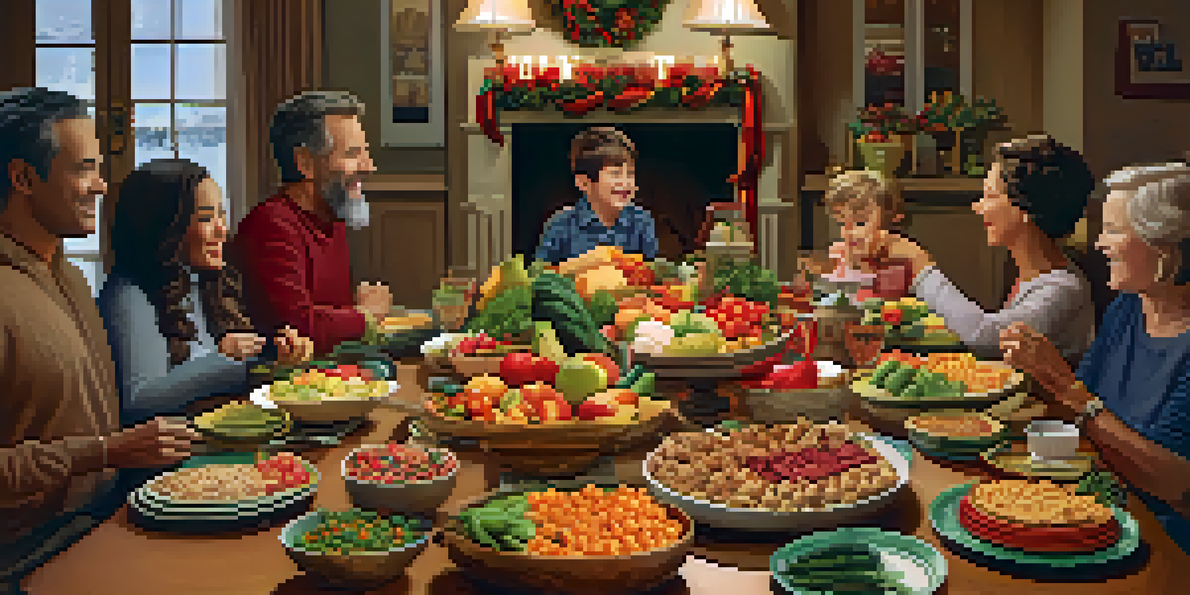 A family gathered around a dining table filled with healthy holiday snacks and meals, in a warm and festive setting.