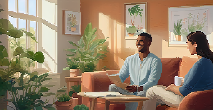 A health coaching session taking place in a bright room with a woman and her male coach discussing a health plan.