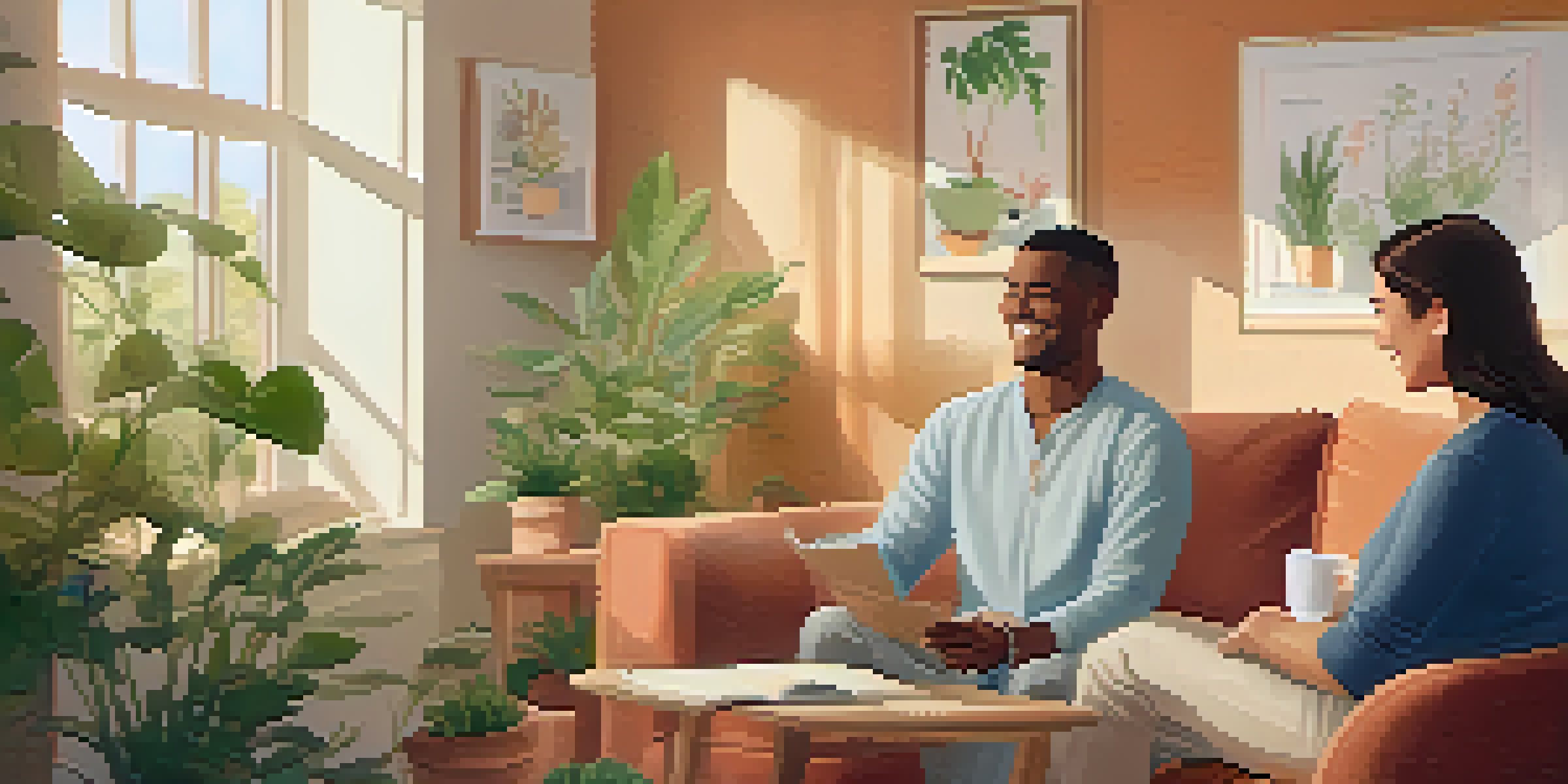 A health coaching session taking place in a bright room with a woman and her male coach discussing a health plan.