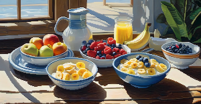 A breakfast scene with yogurt bowls, fresh fruits, and whole-grain toast on a wooden table, bathed in natural sunlight.