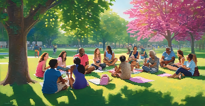 A diverse group of people in a park discussing breast health awareness, surrounded by greenery and flowers.